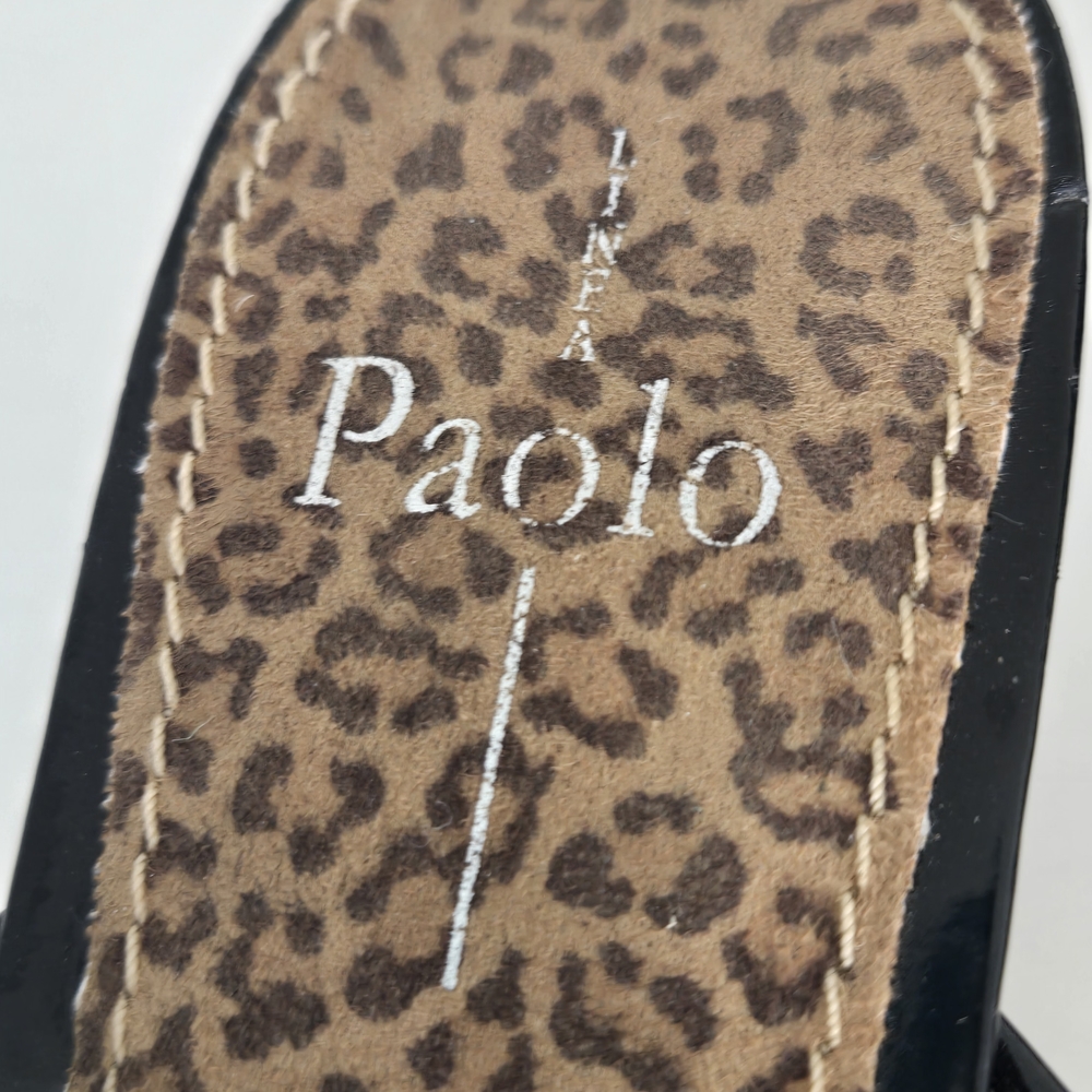 Paolo Black Patent Wedge Sandals Leopard Footbed Thong 3” Heel - Picture 9 of 11